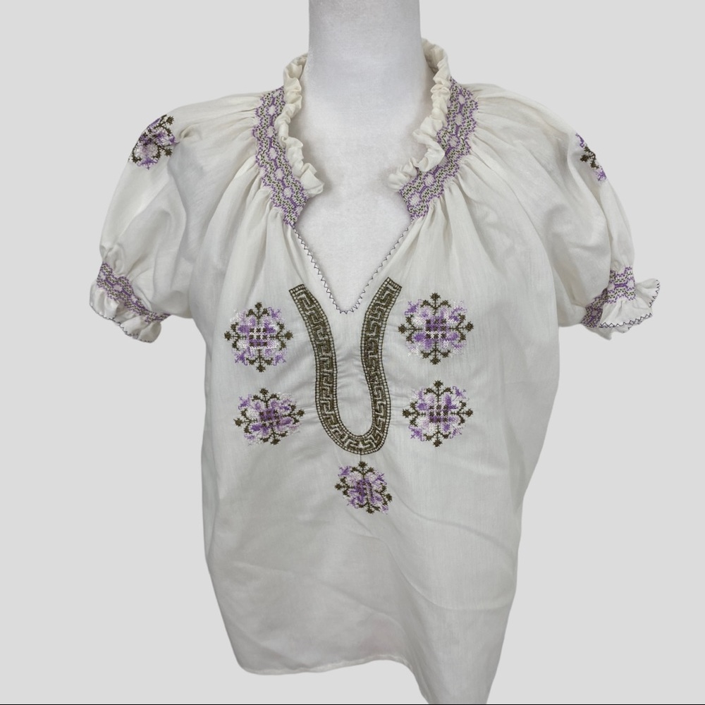 Vintage White Purple Embroidered Short Sleeve Top